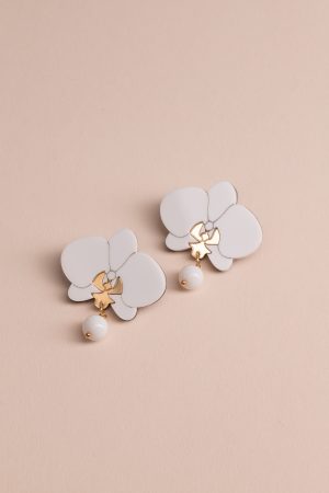 ergi-earrings-orchids-white-gold-stud Обеци на щифт с висулка Orchids White Marble and Gold