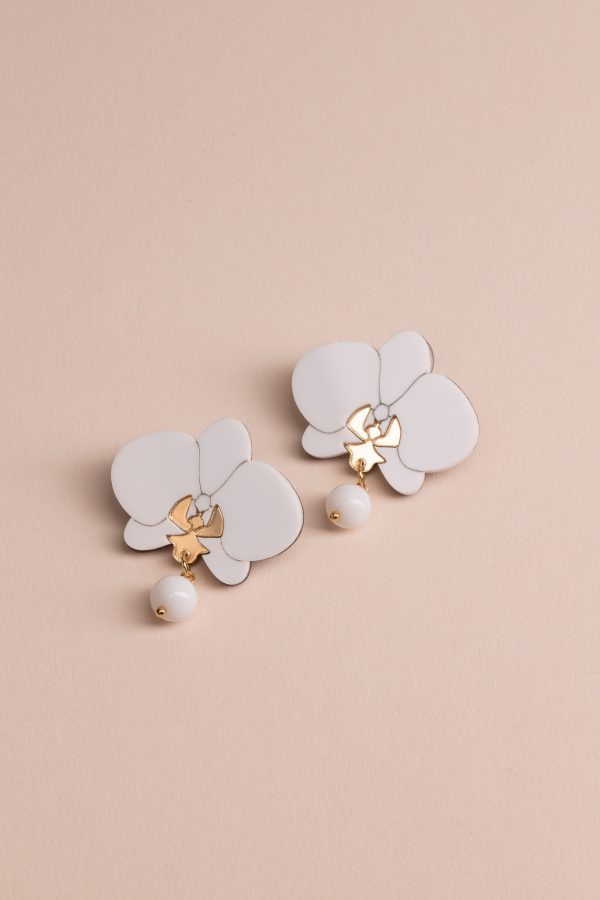 Обеци на щифт с висулка Orchids White Marble and Gold